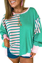 Green Stripe Colorblock Patchwork Side Slit Plus Size Sweatshirt Garden Naked Curves