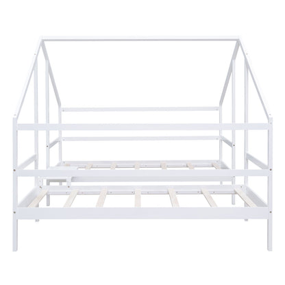 Double Twin Size Triangular House Beds with Built-in Table White