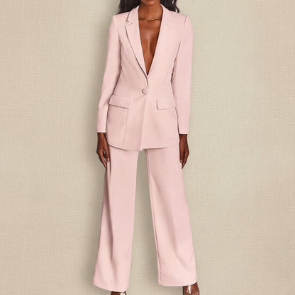 Lapel Button-Down Blazer & Straight-Leg Trousers Suit FitiqueFit