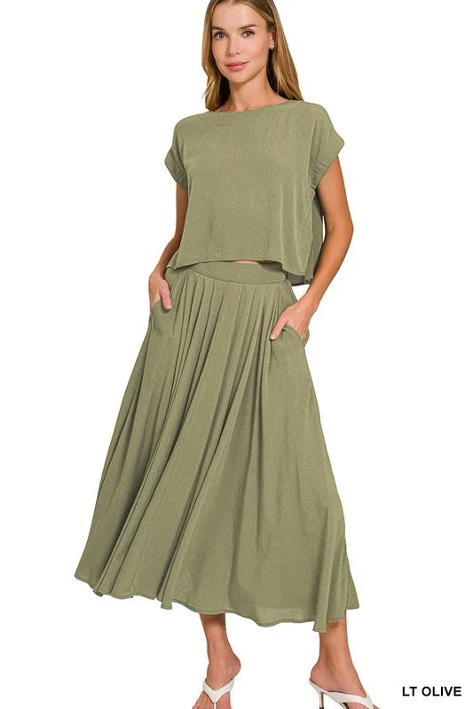 Zenana Woven Crinkle Gauze Crop Tee and Skirt Set West2East Surf