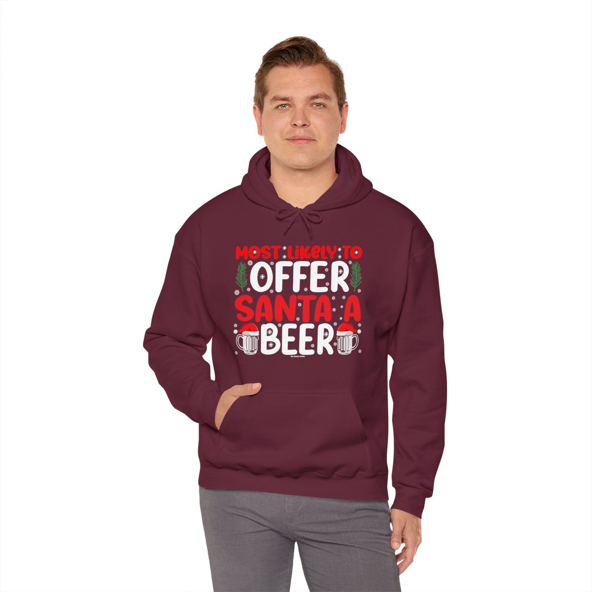 Most Likely To Offer Santa A Beer Hooded Sweatshirt The Devil's Pickle