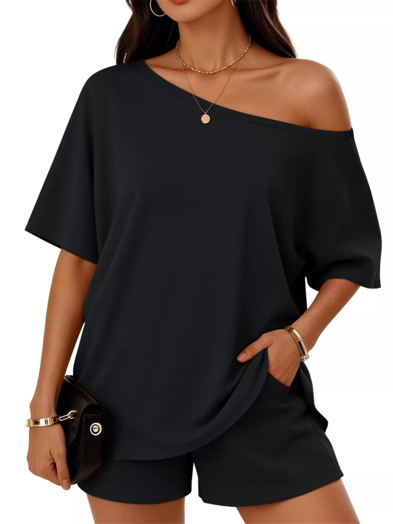Full Size Boat Neck Tee and Shorts Set Plus Size New Era Fashion LLc