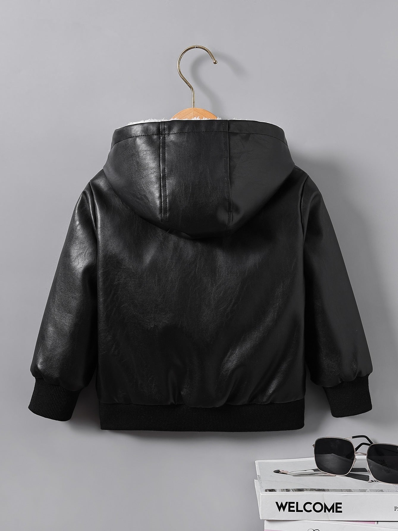 Boys' Faux Leather Jacket with Fleece Lining - Thickened Winter Coat, Full-Zip Front Closure, Machine Washable, Casual Style for Fall/Winter, Regular Fit NovaCart