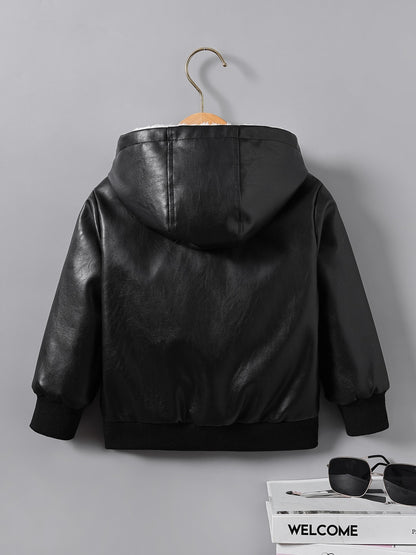 Boys' Faux Leather Jacket with Fleece Lining - Thickened Winter Coat, Full-Zip Front Closure, Machine Washable, Casual Style for Fall/Winter, Regular Fit NovaCart
