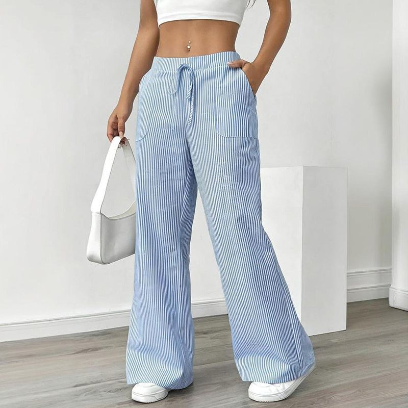 Women's Striped Print Straight Wide Leg Pockets Pants Casual Long Pants FitiqueFit