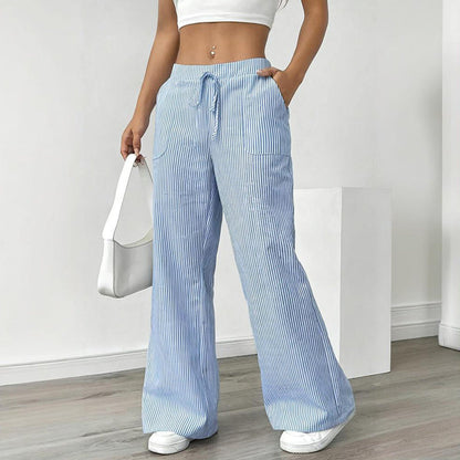 Women's Striped Print Straight Wide Leg Pockets Pants Casual Long Pants FitiqueFit