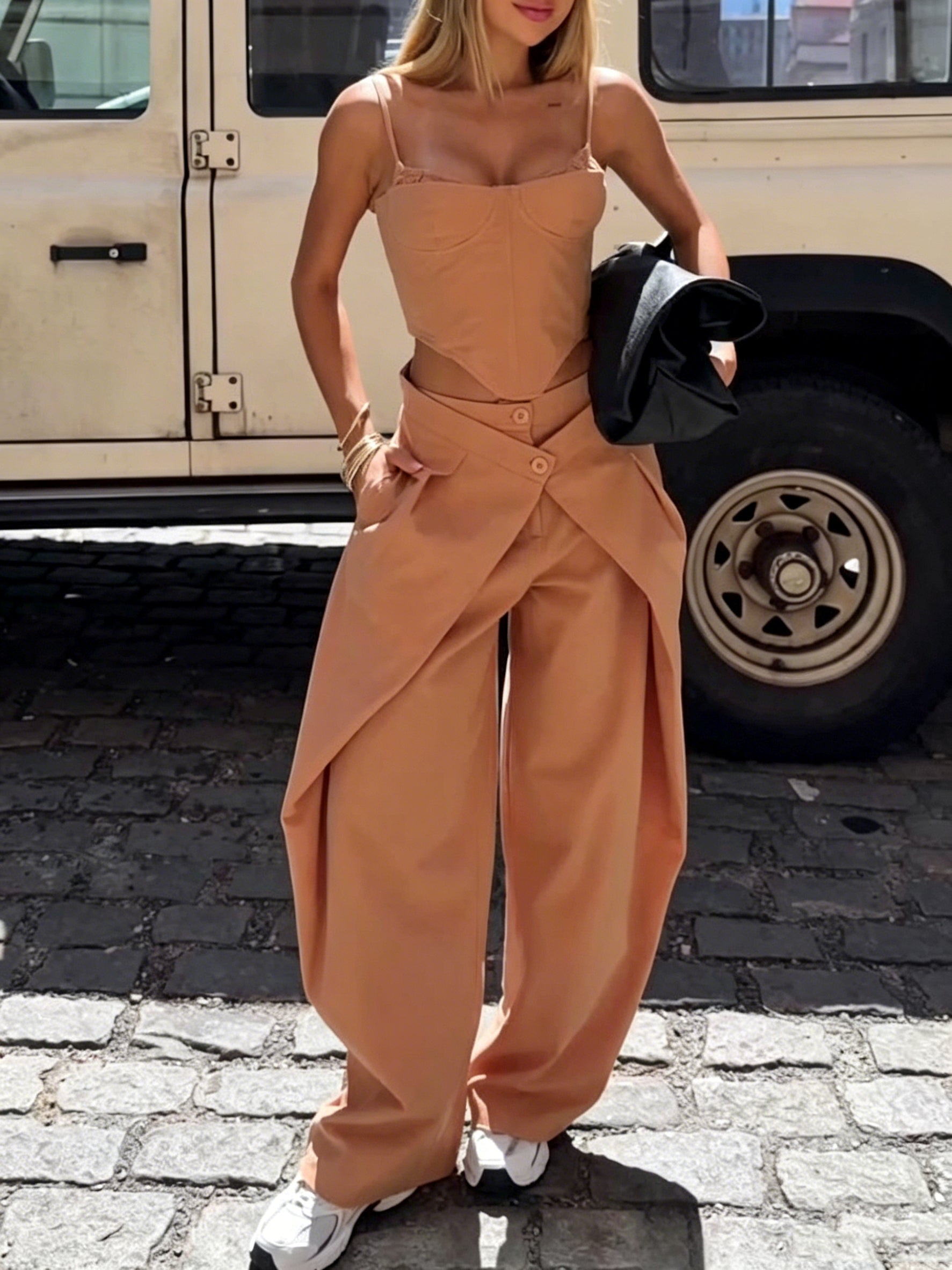 Spaghetti Strap Corset Top & Wide-Leg Pants Set – Camel, XS–2XL FitiqueFit