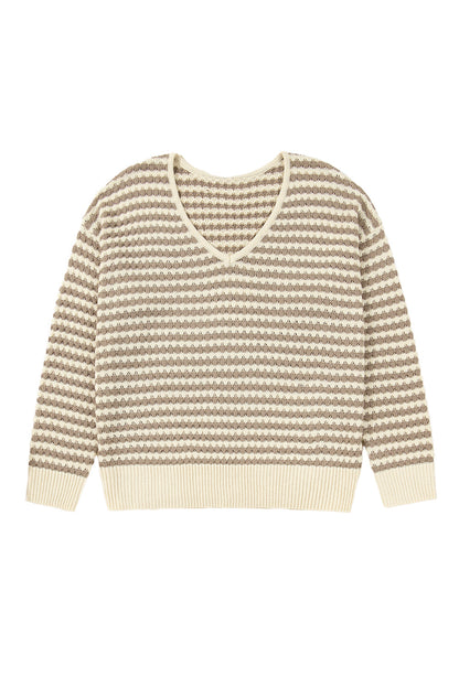 Khaki Stripe Plus Size V Neck Drop Shoulder Sweater Garden Naked Curves