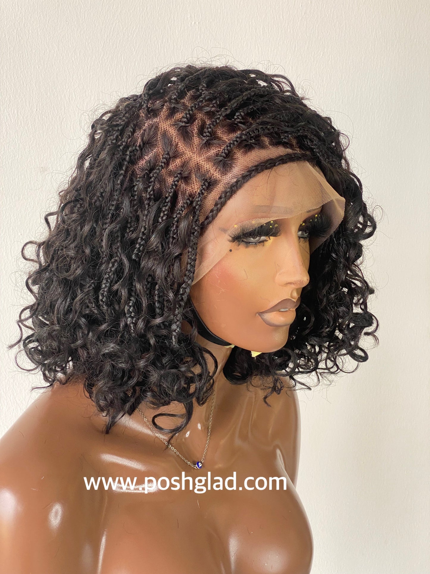 Bob Bohemian Knotless Wig (Human Hair Curls) HD Full Lace, Black Color Tara Poshglad Braided Wigs