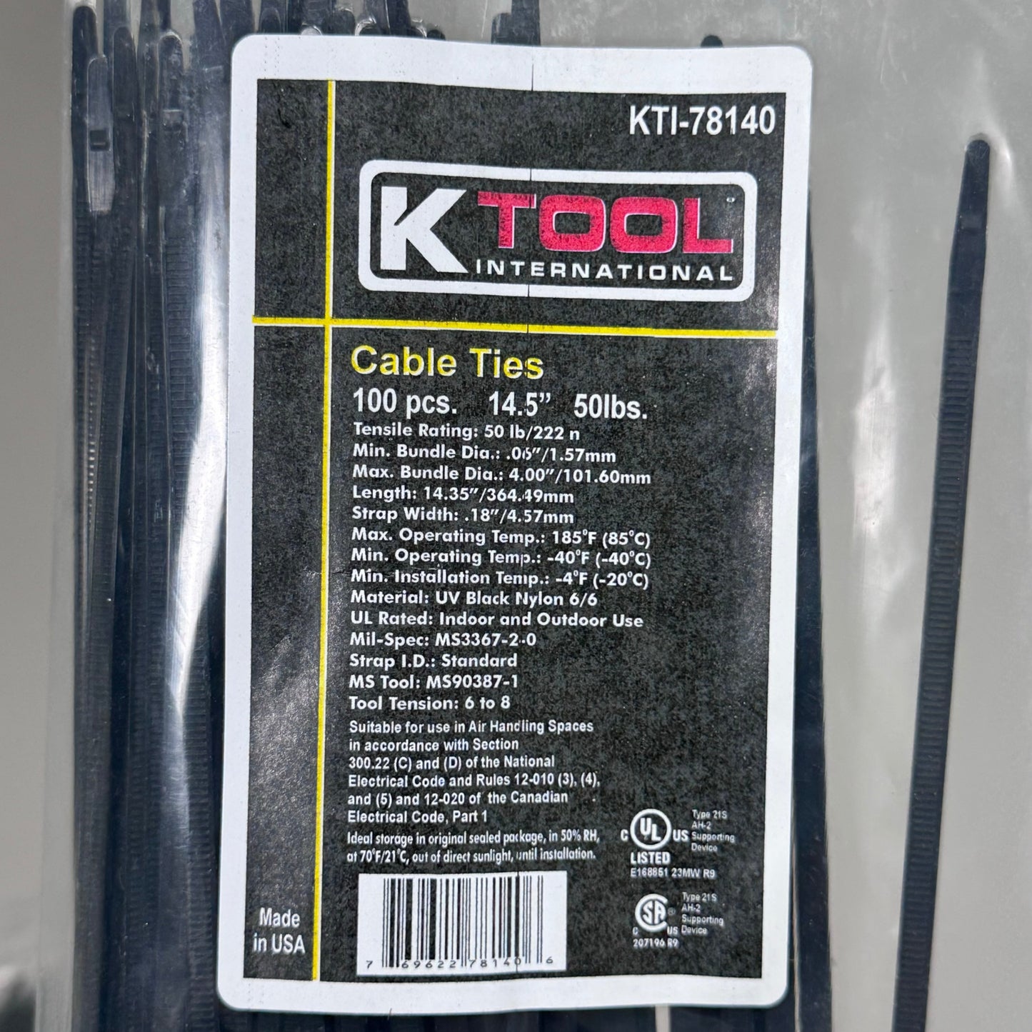 KTOOL (300 PACK)Cable Ties 50lbs Tensile Rating 14"L Strap Width 18" Black Nylon PayWut