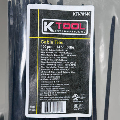 KTOOL (300 PACK)Cable Ties 50lbs Tensile Rating 14"L Strap Width 18" Black Nylon PayWut