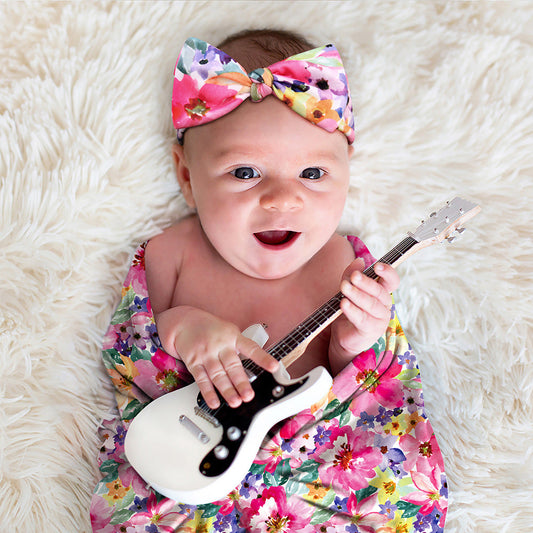 Newborn Photography Wrap Bow Hair Band Wrap Towel Set Baby Flower Blanket 2 Piece Set