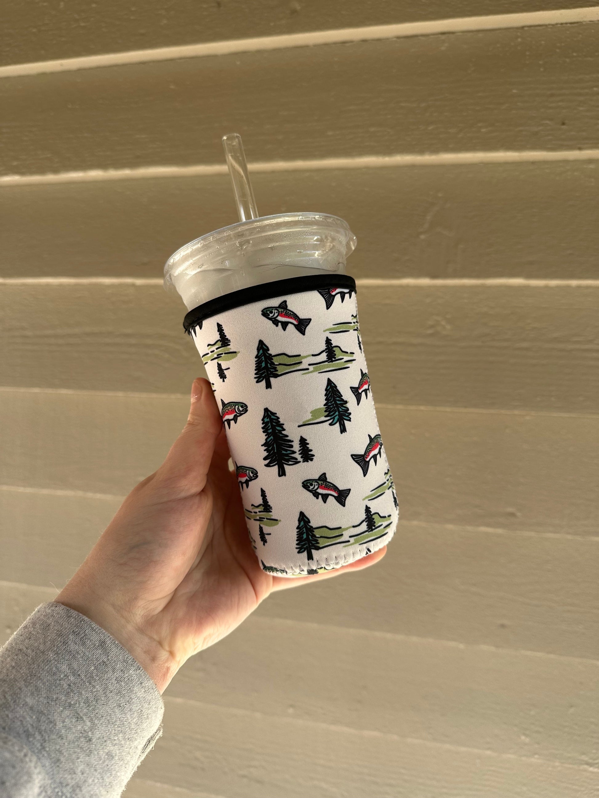 Trout and pines Coffee Sleeve | Reusable Neoprene Iced Coffee Cup Cover 16-24oz Cowboy Print Eco-Friendly Insulator for Grande & Venti Cups BashDesignsCo