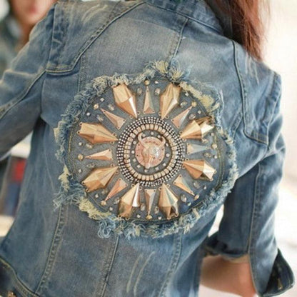 Cute Diamonds Encrusted Half Sleeve Denim Jacket Country in My Heart