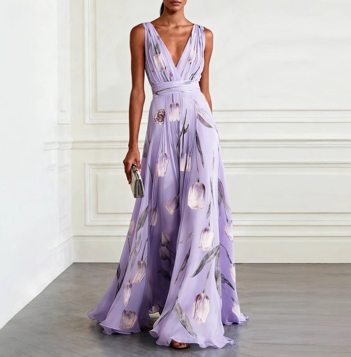 Women's Tulip Print Sleeveless Deep V-Neck A-Line Maxi Dress – 7 Colors FitiqueFit