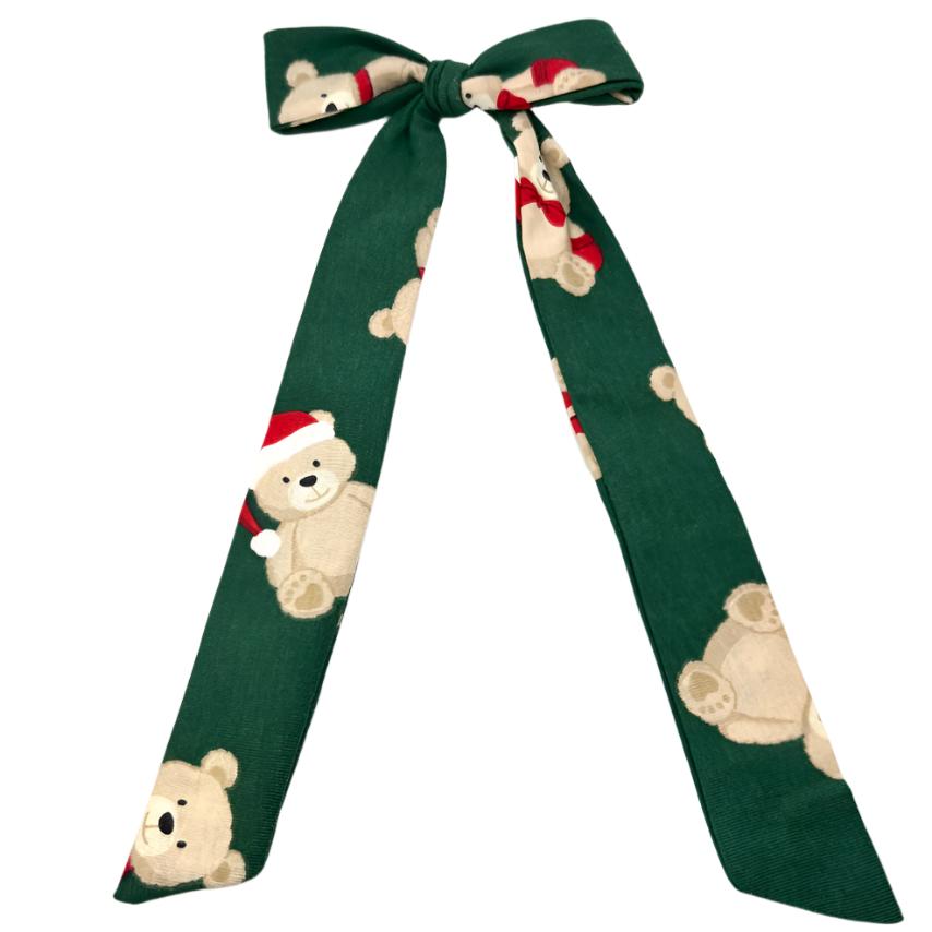 Teddy Bear Christmas Long Bow Enchanted Scrunch