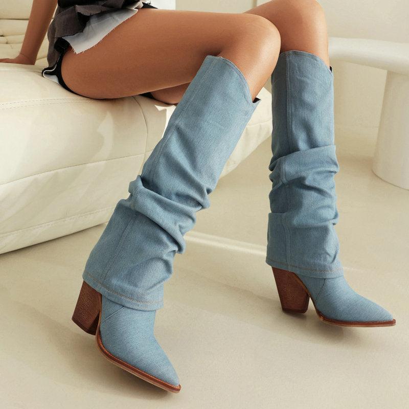 Denim Cowboy Slouch Boots | Stylish Knee-High Cowboy Boots for Cowgirls Country in My Heart
