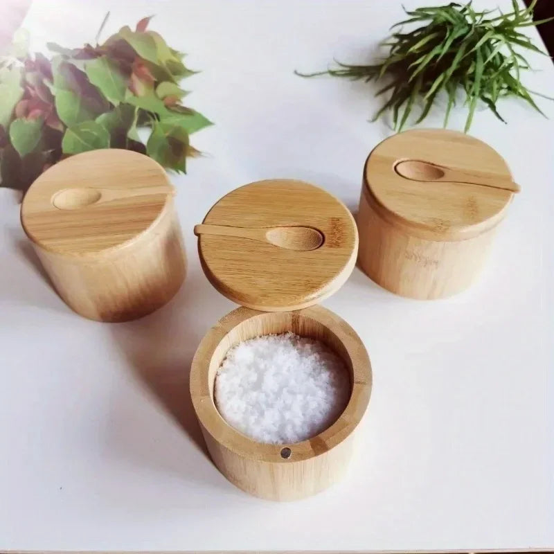 Bamboo Salt Box with Magnetic Lid and Spoon ViralGalleria.com