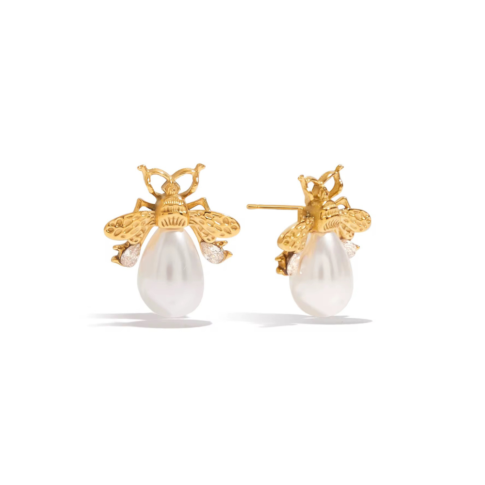 Pearl Bee Stud Earrings 18k Gold Non Tarnish Deep South Originals
