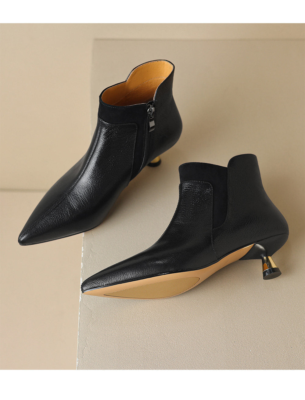 Women's Genuine Leather Kitten Heel Ankle Boots – Pointed Toe Side Zip FitiqueFit