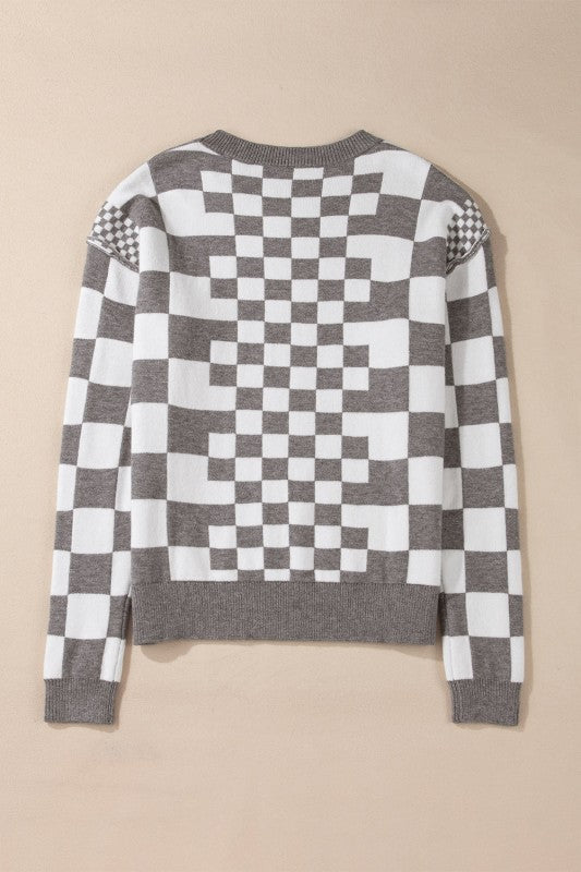 Checker Round Neck Drop Shoulder Sweater Shop Style & More | Fresh Looks, Everyday Deals & Free Shipping