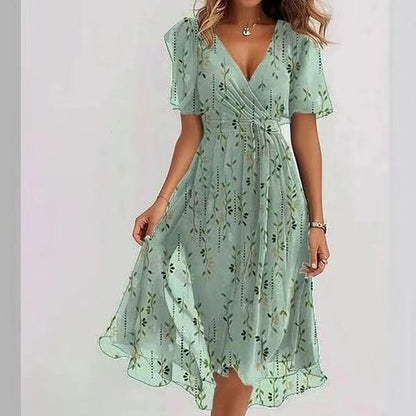 Chiffon Print V-Neck Dress – Elegant Two-Piece Set Midi Dress FitiqueFit
