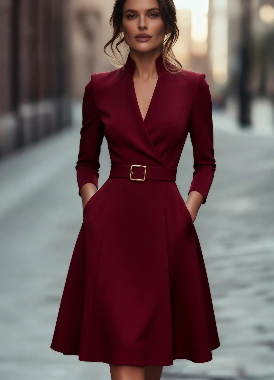 V-Neck Long Sleeve Swing Dress – Women's Autumn Winter Midi Dress FitiqueFit