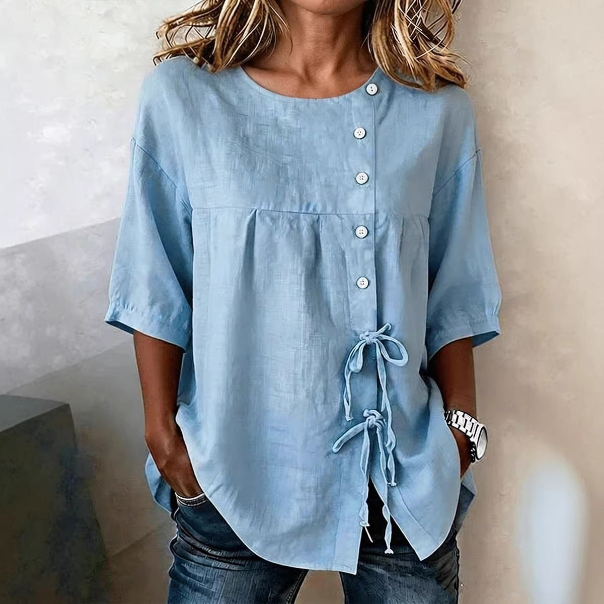 Women's Linen Lace-Up Button Shirt – 3/4 Sleeve Asymmetric FitiqueFit