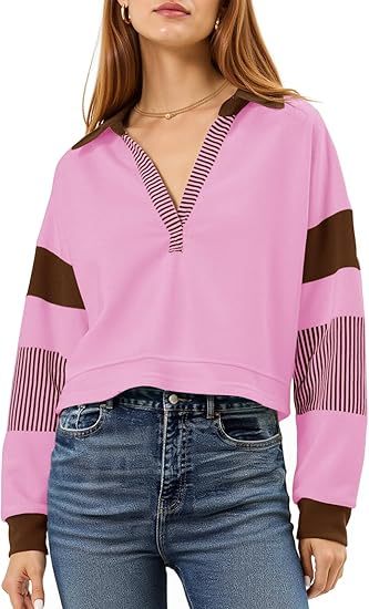 Color‑Block Cropped Polo V‑Neck Sweatshirt FitiqueFit