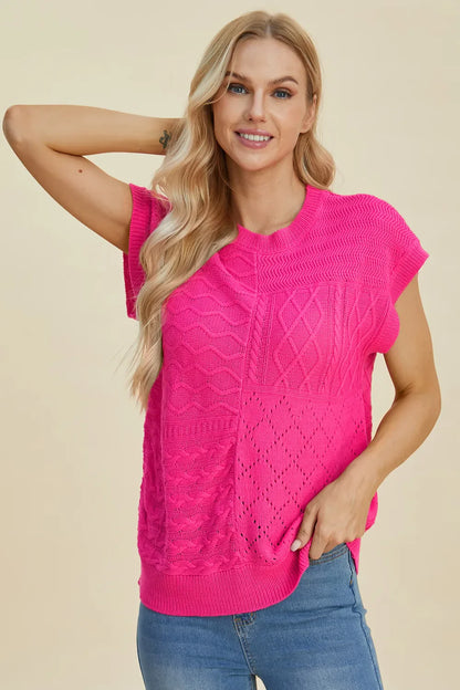 Double Take Full Size Cable-Knit Round Neck Cap Sleeve Sweater New Era Fashion LLc