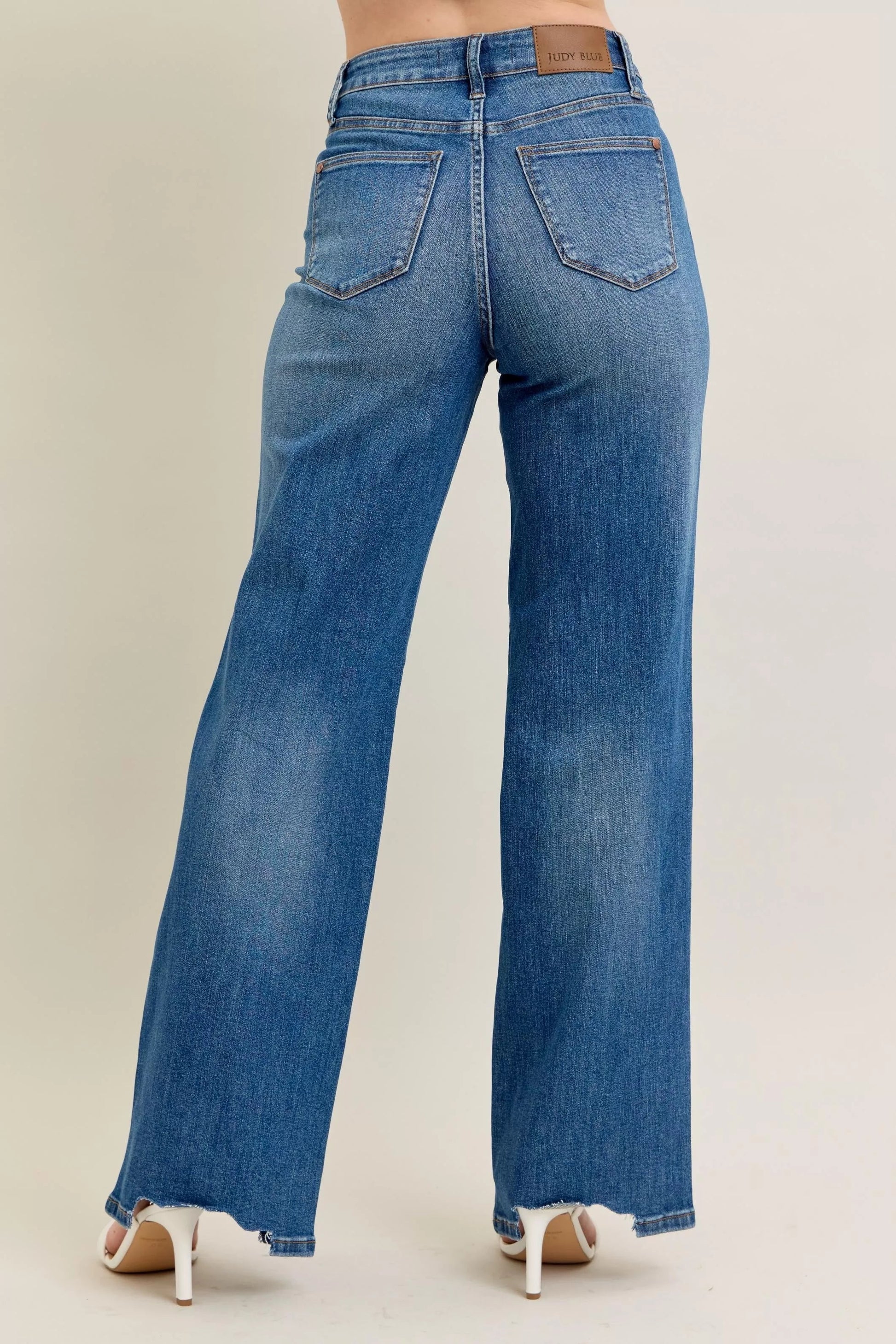 Judy Blue Full Size High Waist Tummy Control Chew Hem Destroy Wide Jeans Plus Size Garden Naked Curves