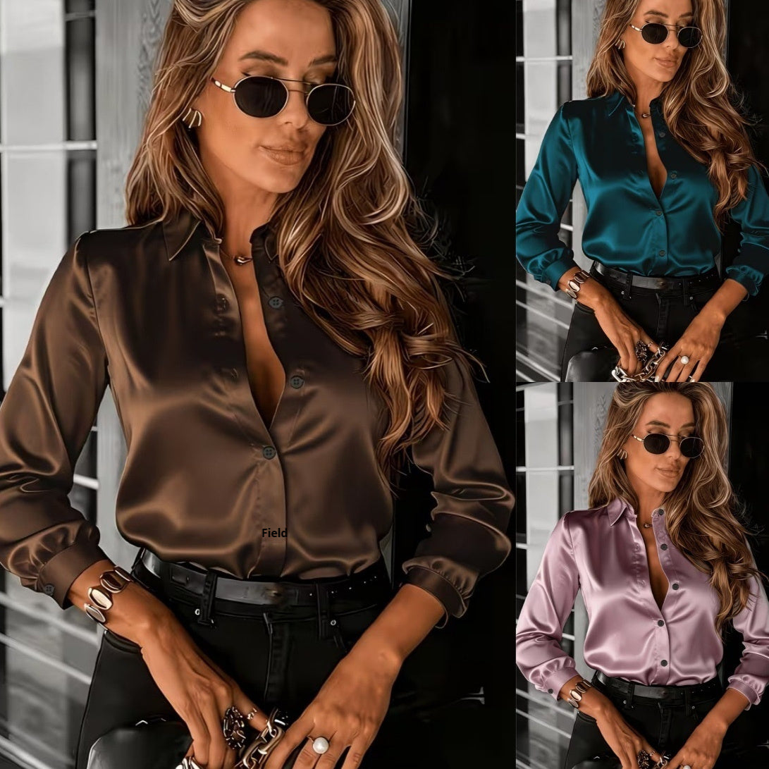 Women's Drapey Satin Lapel Shirt Long Sleeve FitiqueFit