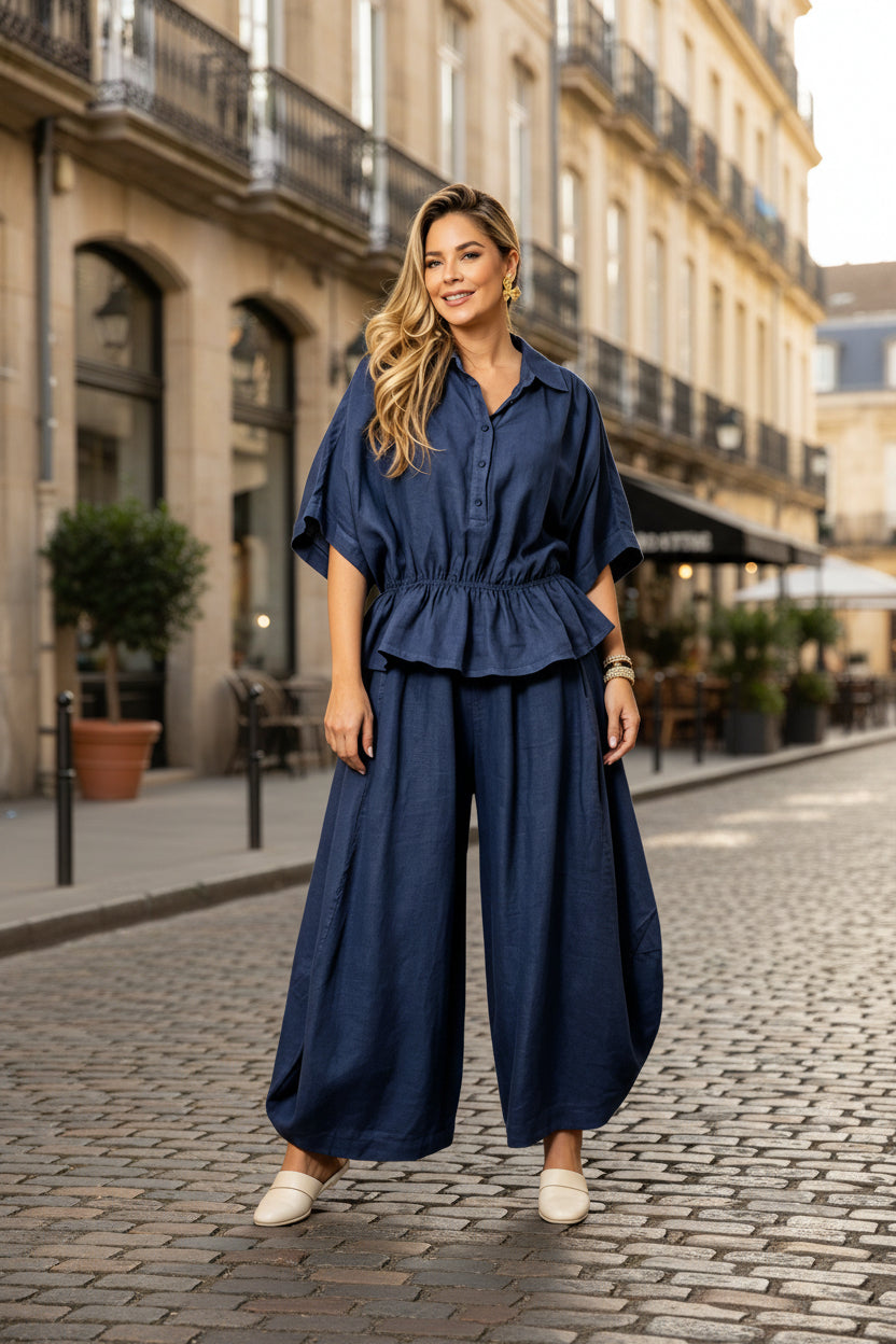 Women's Plus Size Belted Shirt & Wide-Leg Pants Two-Piece Set FitiqueFit