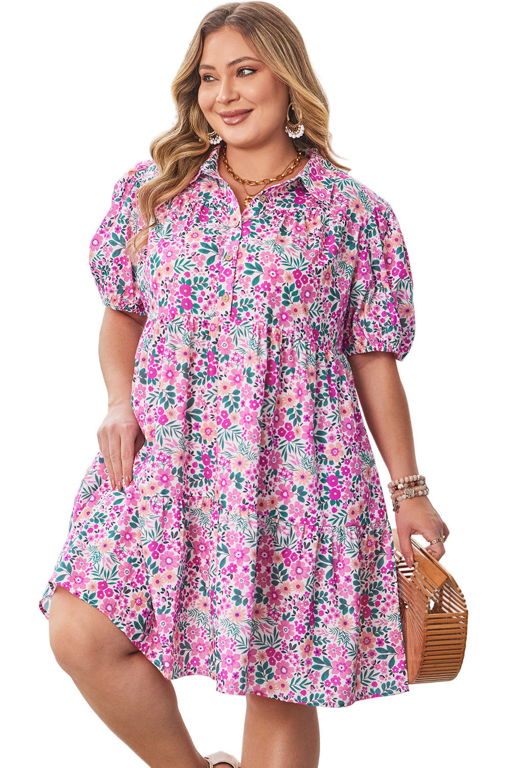 Pink Plus Size Floral Half Button Short Puff Sleeve A-line Dress Garden Naked Curves