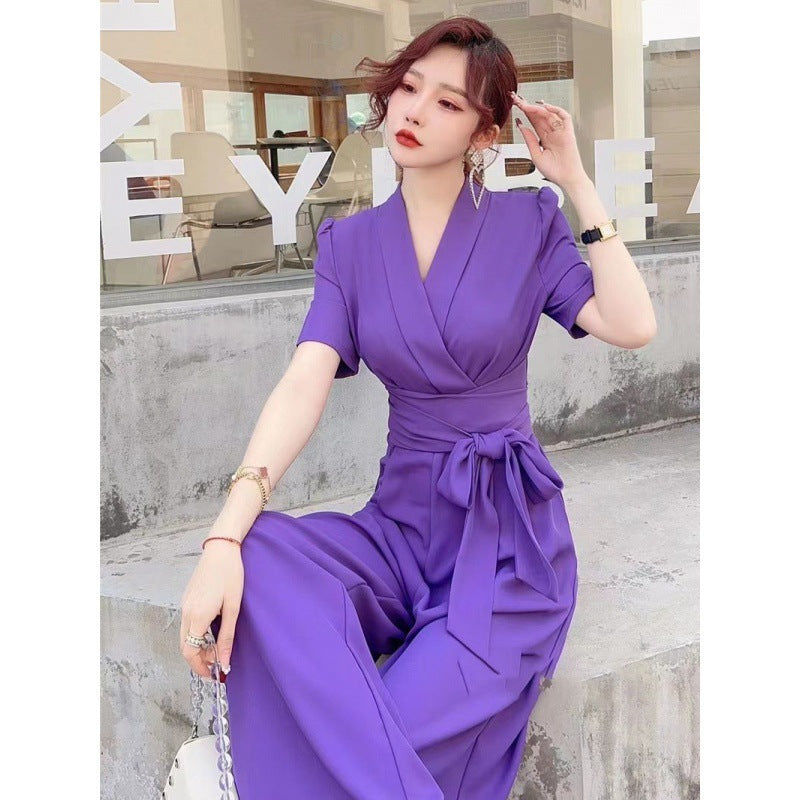 Elegant Temperament Pure Color High Waist Slimming Lace-up Wide Leg Jumpsuit Grayceful LLC