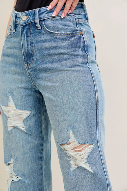 Judy Blue Full Size High Waist  Rigid Magic Star Shaped Destroy 90's Straight Jeans Plus Size Garden Naked Curves