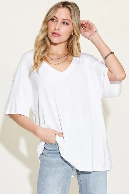 Basic Bae Full Size Bamboo V-Neck Drop Shoulder T-Shirt New Era Fashion LLc