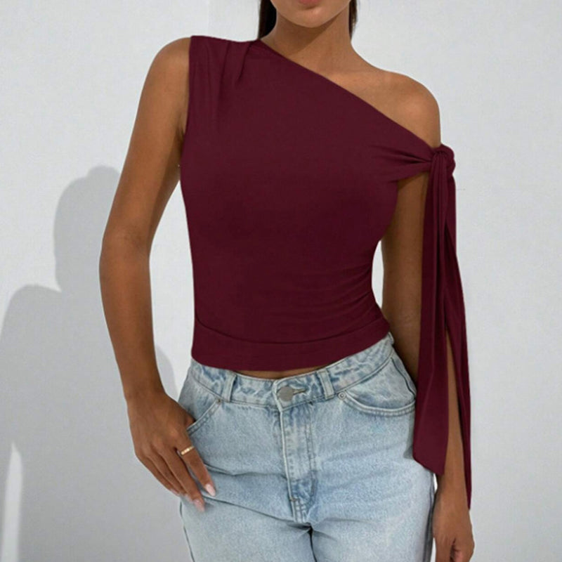 Women’s One-Shoulder Asymmetrical Tie Shoulder Top – Going Out & Party Shirt FitiqueFit
