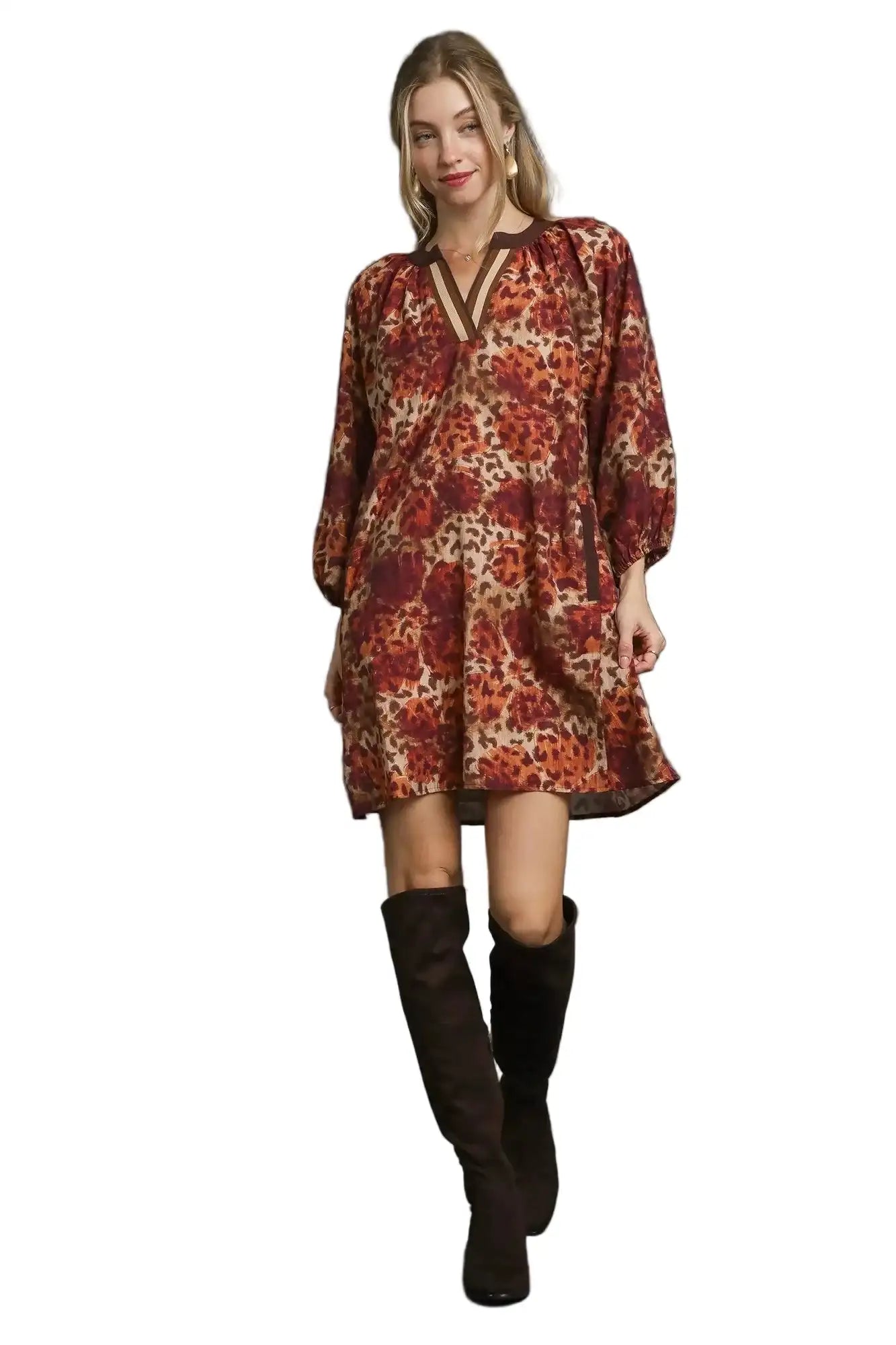 Umgee Animal Print Boho Tunic Dress with Contrast Trim Detail West2East Surf