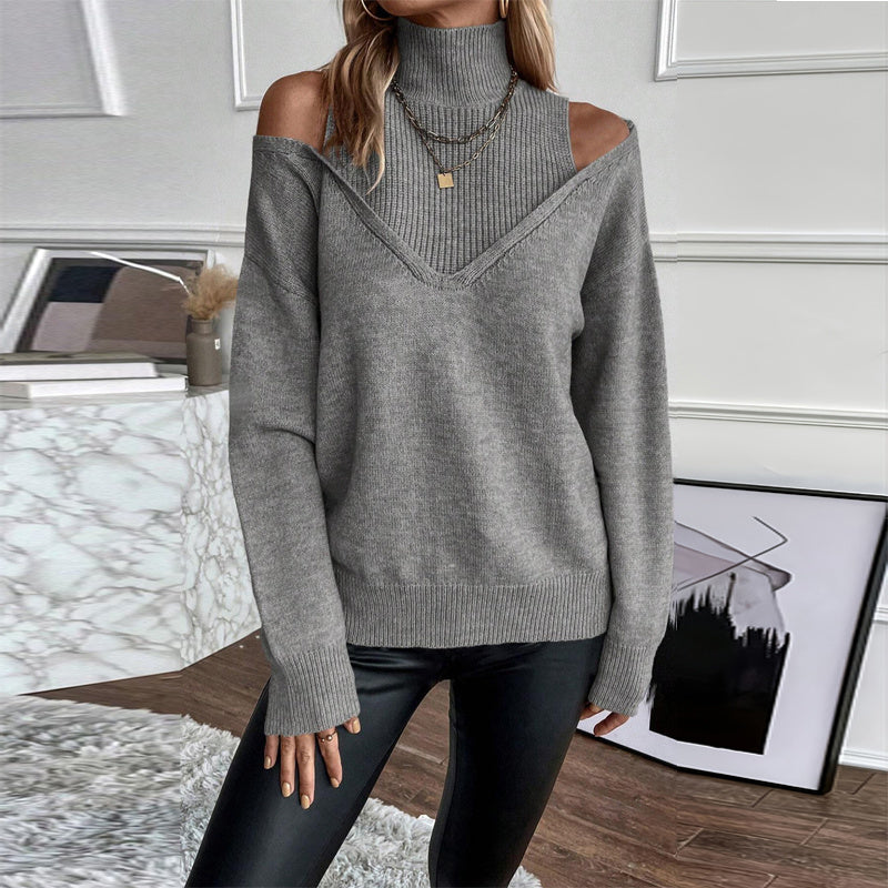 Women’s Elegant Off-Shoulder Turtleneck Sweater — Long Sleeve Knit Top FitiqueFit