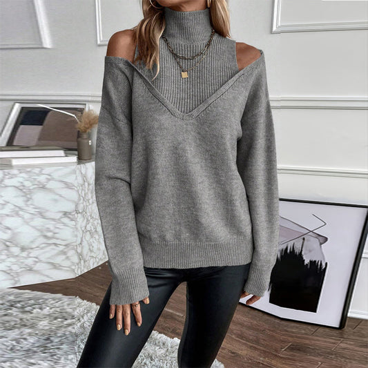 Women’s Elegant Off-Shoulder Turtleneck Sweater — Long Sleeve Knit Top FitiqueFit