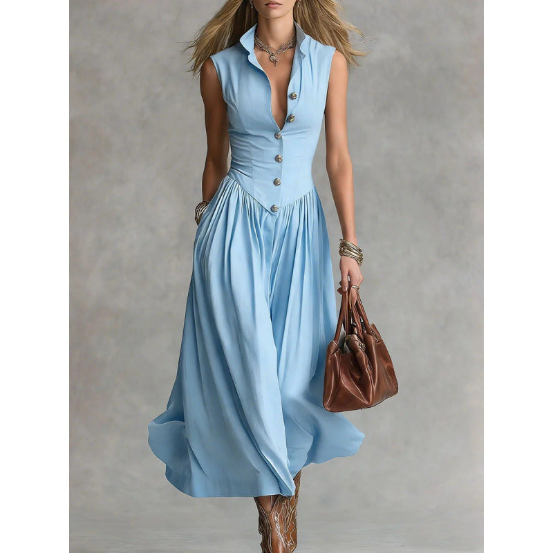 Women's Sleeveless Lapel Collar Maxi Dress – Slim Fit Patchwork FitiqueFit