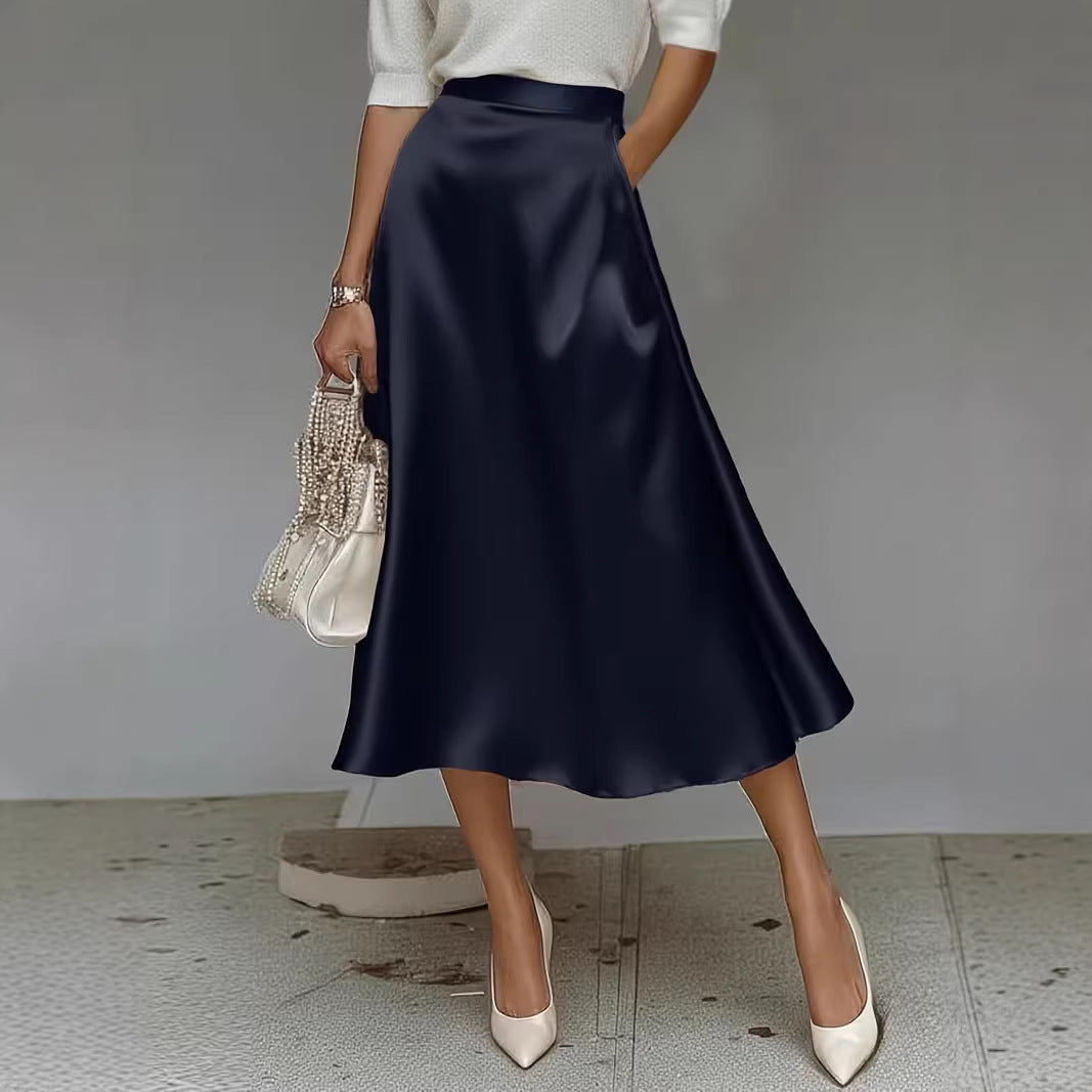 Women's Satin Solid Color Mid-Length Skirt – Slight Stretch FitiqueFit