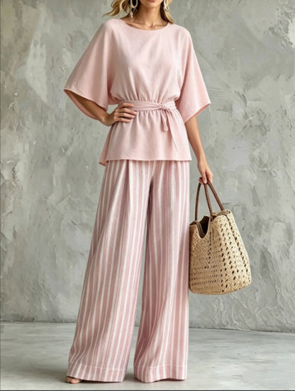 Pink Batwing Waist-Tie Top & Striped Wide-Leg Pants Set | S–2XL FitiqueFit