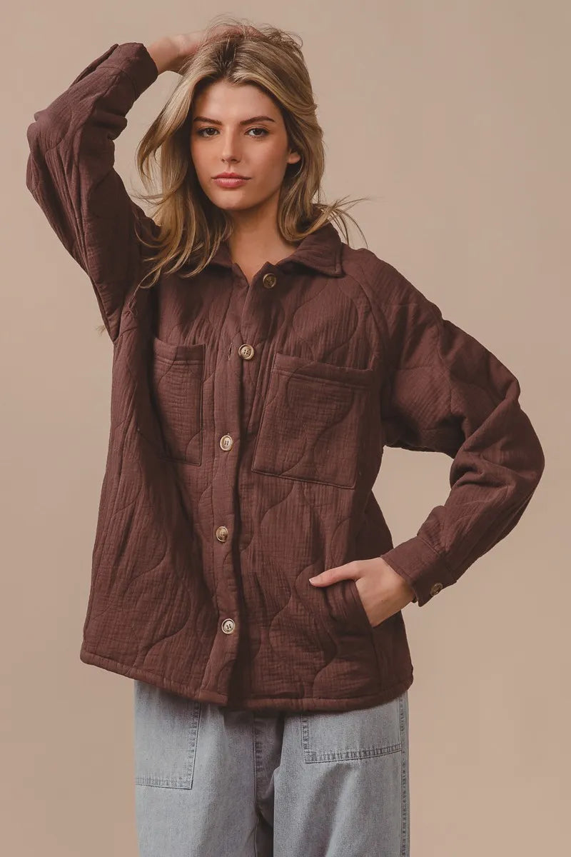 BiBi Quilted Wrinkle Gauze Long Sleeve Shacket West2East Surf