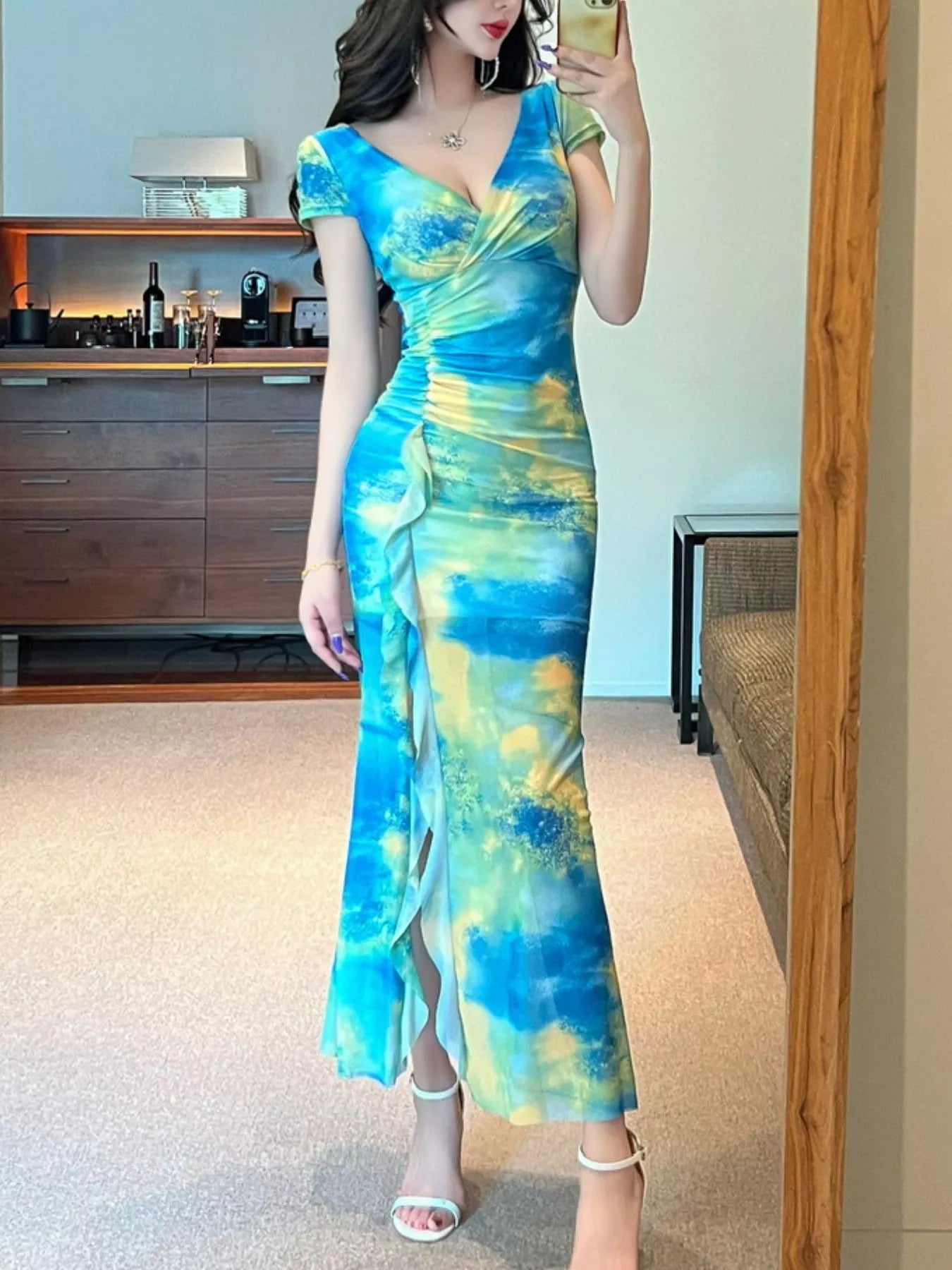 Tie-Dye Surplice Ruffle Slit Dress New Era Fashion LLc