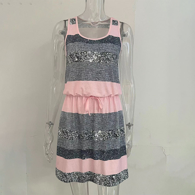 Women’s Color‑Block Striped Tie‑Waist Mini Dress FitiqueFit