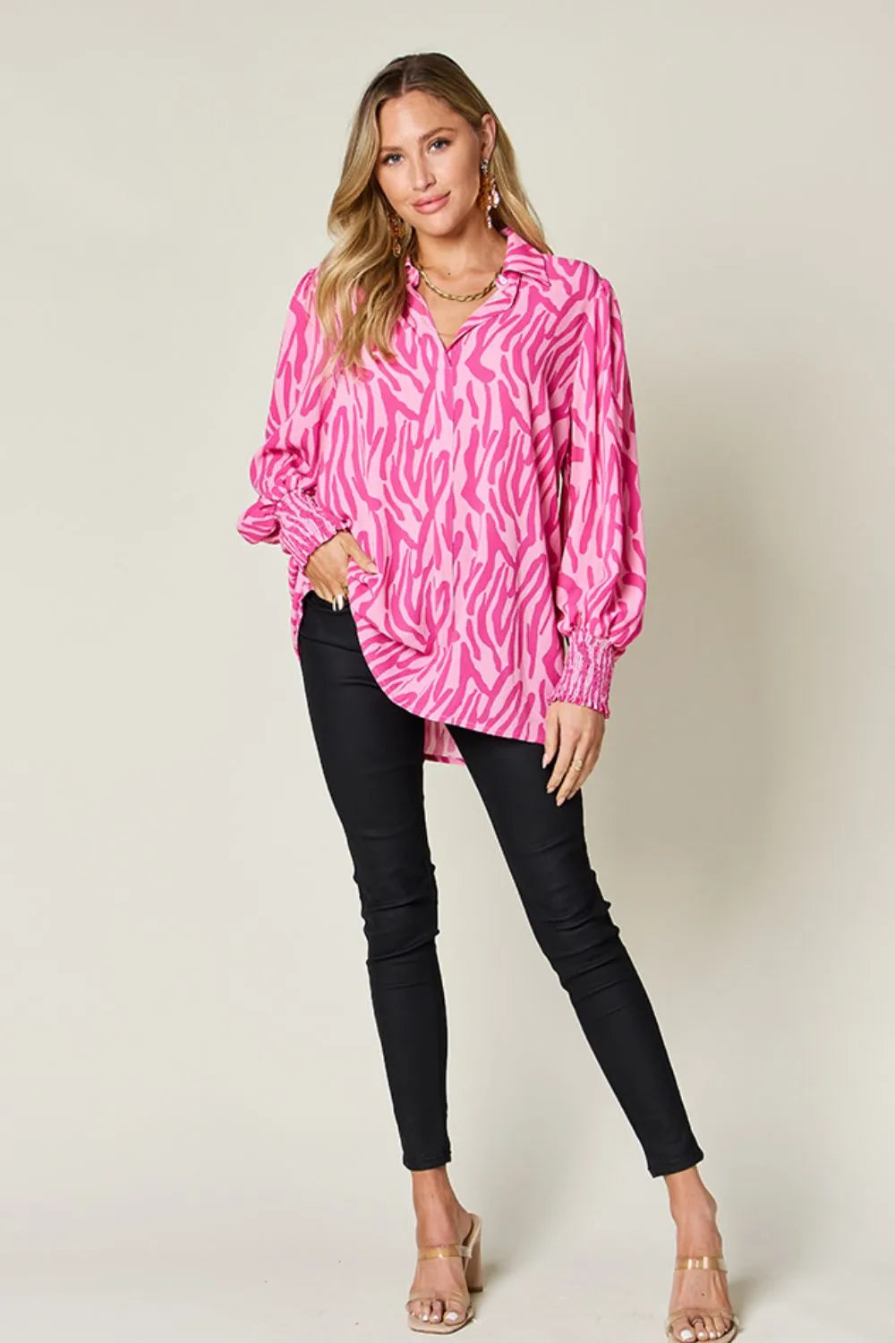 Double Take Full Size Printed Smocked Long Sleeve Blouse Plus Size New Era Fashion LLc