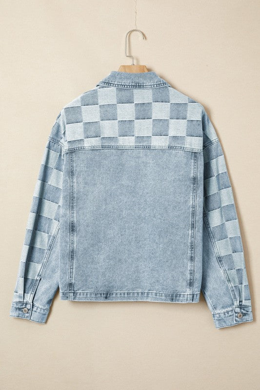 Checker Patchwork Denim Buttoned Jacket See size chart under “more details” The Fashion Celestial