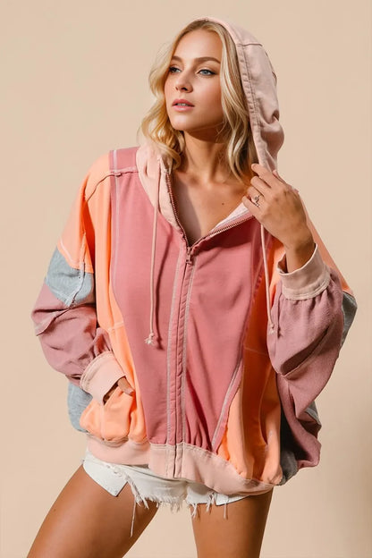 Double Take Full Size Color Block Zip Up Hoodie See size chart under “more details” The Fashion Celestial